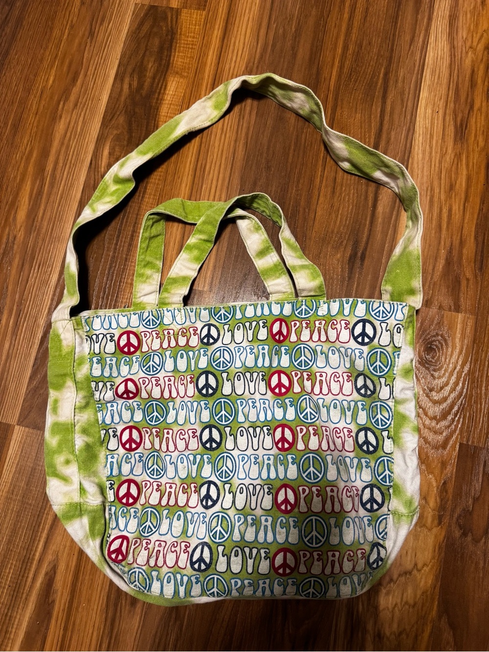 Peace & Love Green Tie-Dye Canvas Tote Bag